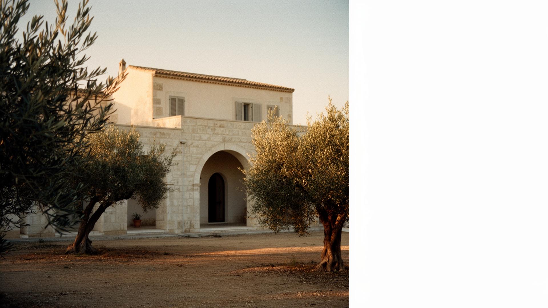 A stone villa at golden hour surrounded by olive trees
